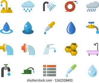 Color flat icon set faucet flat vector, shower, honeycomb, hose, irrigation, water tap, rain, drop, pipette, menu