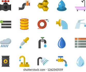 Color flat icon set faucet flat vector, shower, honeycomb, hose, irrigation, water tap, rain, main pipeline, oil tanks, drop, pipette, menu
