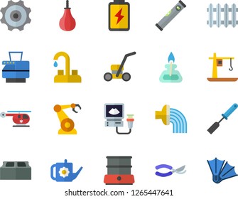 Color flat icon set faucet flat vector, level meter, brick, kitchen spatula, double boiler, secateurs, watering can, hose irrigation, lawn mower, battery, crane, robotics, radiator, ultrasound