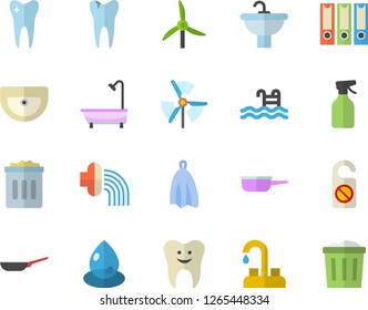 Color flat icon set faucet flat vector, sink, shower, frying pan, saute, towel, pulverizer, hose irrigation, windmill, drop, tooth, caries, folders for papers, pool, do not disturb fector, trash can