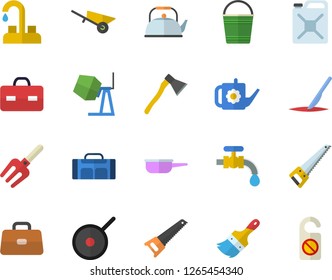Color flat icon set faucet flat vector, concrete mixer, wheelbarrow, saw, paint brush, ax, saute, teflon, teapot, pitchfork, watering can, bucketful, water tap, canister, briefcase, scalpel