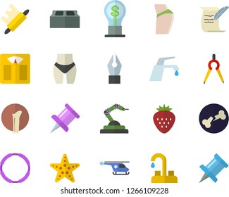 Color flat icon set faucet flat vector, brick, rolling pin, Strawberry, robotics, dividers, idea, helicopter, bone fracture, drawing, ink pen, hostory roll, weighing machine, buttocks, waistline