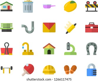 Color flat icon set faucet flat vector, tool bag, pipes, hard hat, barrier, saute, rolling pin, lemon, horseshoe, house, bench, microscope, mail, barbell, table tennis, slippers fector, binder clip
