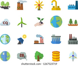 Color flat icon set faucet flat vector, tree, seedlings, solar battery, windmill, earth, factory, oil tanks, forest, hydroelectric power station, manufactory, plant, carbon dioxide, nuclear