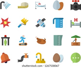 Color flat icon set faucet flat vector, paint roller, shower, meashuring cup, egg, chicken, well, main pipeline, hospital bed, satellit, spark, centimeter, Treadmill, control gate fector, bell, chat