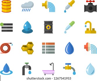 Color flat icon set faucet flat vector, shower, honeycomb, hose, irrigation, water tap, rain, main pipeline, oil tanks, drop, pipette, menu