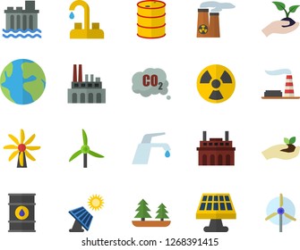 Color flat icon set faucet flat vector, seedlings, solar battery, windmill, factory, oil tanks, forest, hydroelectric power station, plant, radiation, carbon dioxide, earth, nuclear