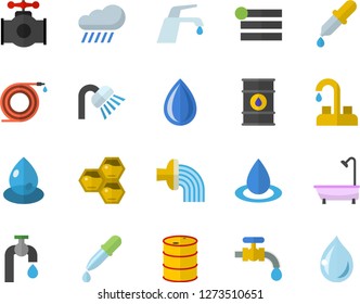 Color flat icon set faucet flat vector, shower, honeycomb, hose, irrigation, water tap, rain, main pipeline, oil tanks, drop, pipette, menu