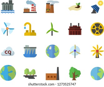 Color flat icon set faucet flat vector, tree, seedlings, solar battery, windmill, earth, factory, forest, hydroelectric power station, manufactory, plant, radiation, carbon dioxide, nuclear, fector