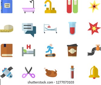 Color flat icon set faucet flat vector, shower, scissors, chicken, coffe, main pipeline, chat, blood test, hospital bed, book, satellit, spark, textbook, centimeter, Treadmill, bell