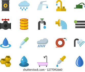 Color flat icon set faucet flat vector, shower, honeycomb, hose, irrigation, water tap, rain, main pipeline, oil tanks, drop, pipette, menu