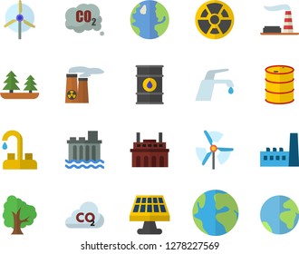 Color flat icon set faucet flat vector, tree, solar battery, earth, factory, oil tanks, forest, hydroelectric power station, manufactory, plant, radiation, carbon dioxide, nuclear, windmill, fector