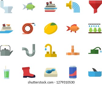 Color flat icon set faucet flat vector, toilet, pipes, teapot, fish, lemon, lemonade, soda, sprinkling machine, hose, irrigation, gumboots, pool, funnel, cruise ship fector, shark