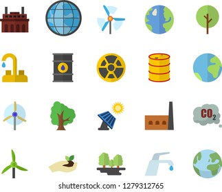 Color flat icon set faucet flat vector, tree, seedlings, solar battery, windmill, earth, oil tanks, forest, manufactory, plant, radiation, carbon dioxide, fector