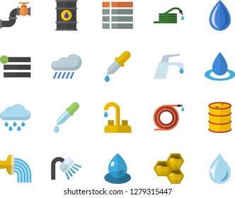 Color flat icon set faucet flat vector, shower, honeycomb, hose, irrigation, rain, main pipeline, oil tanks, drop, pipette, menu