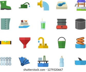 Color flat icon set faucet flat vector, level meter, heating batteries, meashuring cup, double boiler, soda, well, hose, bucketful, irrigation, gumboots, pool, oil production platform, pipe, funnel