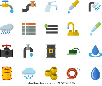 Color flat icon set faucet flat vector, shower, honeycomb, hose, water tap, rain, main pipeline, oil tanks, drop, pipette, menu