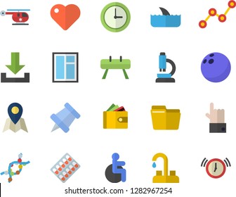 Color flat icon set faucet flat vector, window, purse, scatter chart, pill packaging, heart, disabled, helicopter, DNA, computer file, microscope, pushpin, bowling ball, sports equipment horse
