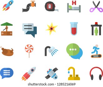 Color flat icon set faucet flat vector, tape measure, shower, scissors, chicken, lollipop, well, main pipeline, rocket, chat, blood test, hospital bed, satellit, spark, Treadmill, headset