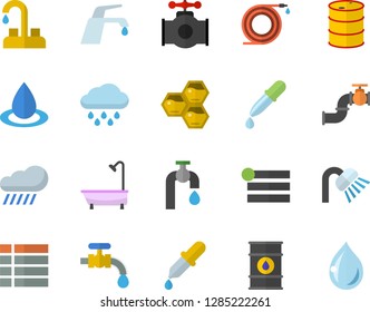 Color flat icon set faucet flat vector, shower, honeycomb, hose, water tap, rain, main pipeline, oil tanks, drop, pipette, menu