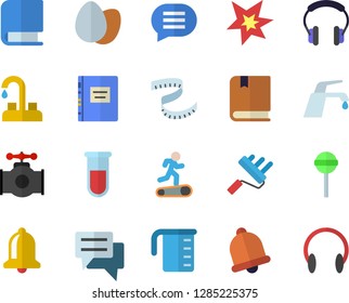 Color flat icon set faucet flat vector, paint roller, meashuring cup, egg, lollipop, main pipeline, chat, blood test, book, spark, textbook, centimeter, Treadmill, bell, headset