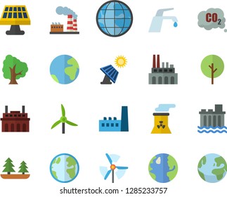 Color flat icon set faucet flat vector, tree, solar battery, windmill, earth, factory, forest, hydroelectric power station, manufactory, plant, carbon dioxide, nuclear, fector