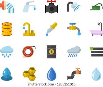 Color flat icon set faucet flat vector, shower, honeycomb, hose, irrigation, water tap, rain, main pipeline, oil tanks, drop, pipette, menu