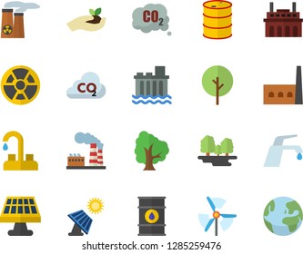 Color flat icon set faucet flat vector, tree, seedlings, solar battery, factory, oil tanks, forest, hydroelectric power station, manufactory, plant, radiation, carbon dioxide, nuclear, windmill
