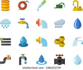 Color flat icon set faucet flat vector, honeycomb, hose, irrigation, water tap, rain, main pipeline, oil tanks, drop, pipette, menu