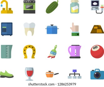 Color flat icon set faucet flat vector, flooring, saucepan, saute, meashuring cup, electric kettle, stove, cucumber, wine, horseshoe, paint brush, medical analysis, ultrasound, dental crowns, camera