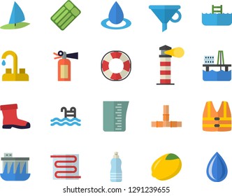 Color flat icon set faucet flat vector, pipes, warm floor, meashuring cup, lemon, gumboots, oil production platform, hydroelectric power station, drop, lighthouse, funnel, water, pool, fector