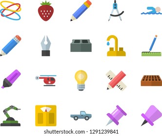 Color flat icon set faucet flat vector, measure, brick, Strawberry, pickup truck, robotics, dividers, marker, helicopter, drawing pin, ink pen, pencil, bulb, weighing machine, swimming, hoop