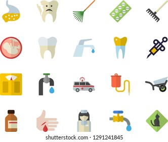 Color flat icon set faucet flat vector, rake, garden wheelbarrow, water tap, pill packaging, vial, medical warmer, syringe, injury, ambulance, embryo, nurse, broken tooth, dental crowns, stomach