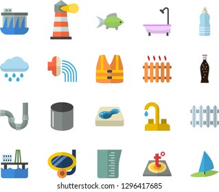 Color flat icon set faucet flat vector, shower, pipes, warm floor, meashuring cup, fish, lemonade, hose irrigation, rain, pool, oil production platform, hydroelectric power station, pipe, radiator