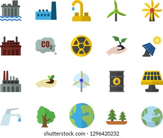 Color flat icon set faucet flat vector, tree, seedlings, solar battery, windmill, oil tanks, forest, hydroelectric power station, manufactory, plant, radiation, carbon dioxide, earth, fector