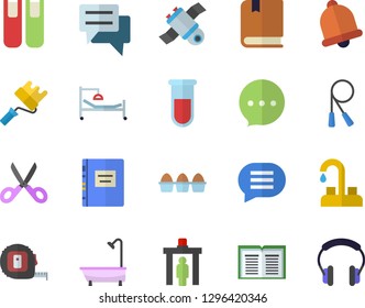 Color flat icon set faucet flat vector, tape measure, paint roller, shower, scissors, egg, chat, blood test, hospital bed, book, satellit, textbook, skipping rope, control gate fector, bell, headset