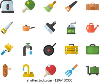 Color flat icon set faucet flat vector, saw, tool bag, paint brush, roller, door lock, putty knife, saute, teflon, electric kettle, coffee grinder, pitchfork, watering can, water tap, table tennis