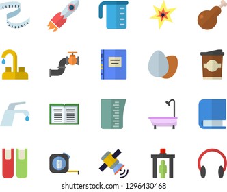 Color flat icon set faucet flat vector, tape measure, shower, meashuring cup, egg, chicken, coffe, main pipeline, rocket, book, satellit, spark, textbook, centimeter, control gate fector, headset