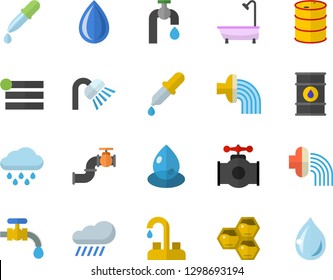 Color flat icon set faucet flat vector, shower, honeycomb, hose irrigation, water tap, rain, main pipeline, oil tanks, drop, pipette, menu
