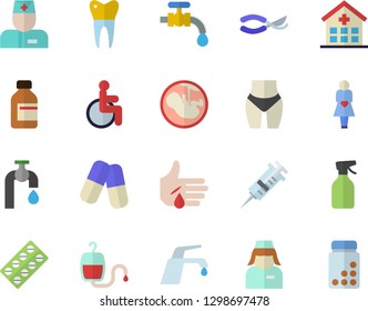 Color flat icon set faucet flat vector, pulverizer, secateurs, water tap, pill packaging, pills, vial, blood transfusion, syringe, disabled, hospital, physician, injury, embryo, gestation, nurse