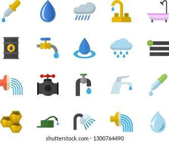 Color flat icon set faucet flat vector, shower, honeycomb, hose, irrigation, water tap, rain, main pipeline, oil tanks, drop, pipette, menu
