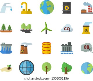 Color flat icon set faucet flat vector, tree, seedlings, windmill, factory, oil tanks, forest, hydroelectric power station, carbon dioxide, earth, nuclear plant, fector