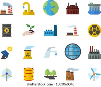 Color flat icon set faucet flat vector, seedlings, solar battery, factory, oil tanks, forest, hydroelectric power station, manufactory, plant, radiation, earth, nuclear, windmill