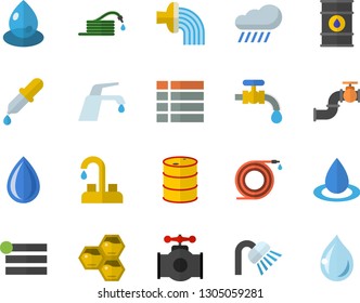 Color flat icon set faucet flat vector, shower, honeycomb, hose, irrigation, water tap, rain, main pipeline, oil tanks, drop, pipette, menu