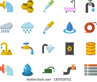 Color flat icon set faucet flat vector, shower, honeycomb, hose, irrigation, water tap, rain, main pipeline, oil tanks, drop, pipette, menu