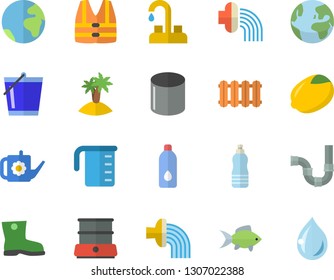 Color flat icon set faucet flat vector, pipes, heating batteries, meashuring cup, double boiler, lemon, fish, watering can, bucketful, hose irrigation, gumboots, pipe production, water, earth fector