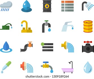 Color flat icon set faucet flat vector, shower, hose, irrigation, water tap, rain, main pipeline, oil tanks, drop, pipette, menu