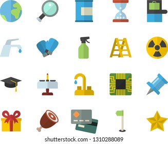 Color flat icon set faucet flat vector, ladder, ham, pulverizer, radiation, motherboard, credit card, present, bachelor cap, magnifier, sports flag, boxing gloves, proteins, earth fector, hourglass