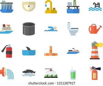 Color flat icon set faucet flat vector, sink, toilet, pipes, fish, soda, sprinkling machine, watering can, hose irrigation, oil production platform, hydroelectric power station, pipe, lighthouse