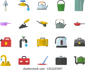 Color flat icon set faucet flat vector, trowel, wheelbarrow, tool bag, frying pan, saute, meashuring cup, teapot, electric kettle, bucketful, water tap, canister, case, briefcase, scalpel